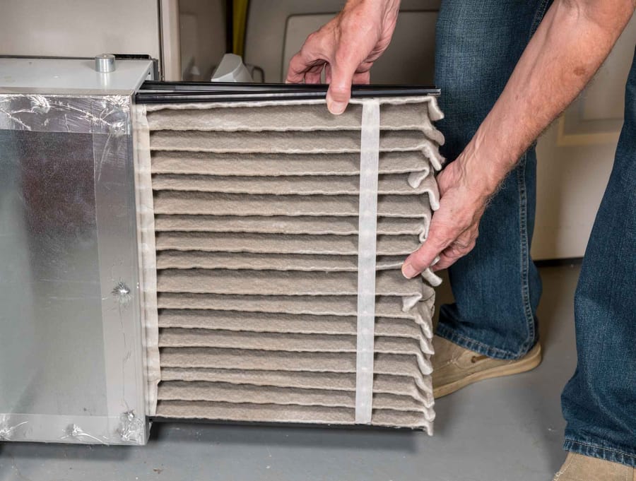 Man changing a folded dirty air filter in the HVAC furnace system in basement of home