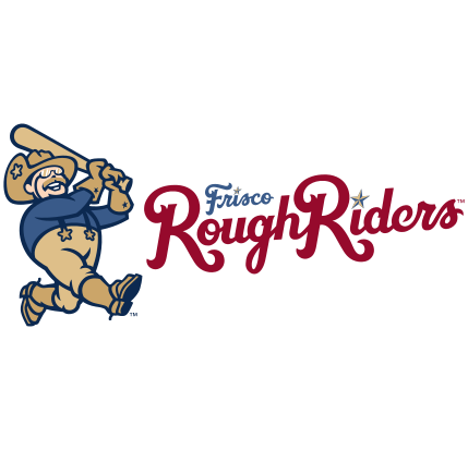 Cartoon cowboy swinging a bat next to the Frisco RoughRiders logo.