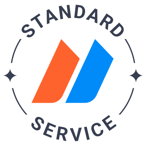 Circular badge labeled STANDARD SERVICE around the edge, featuring two diagonal orange and blue ribbons in the center with small star symbols on the sides.