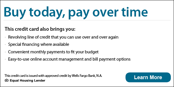Ad banner promoting a credit card offer: 'Buy today, pay over time' with benefits listed and a blue Learn More button.