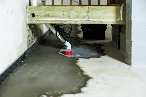 Crawl space under a wooden deck showing a white PVC pipe, tangled wires, and a red drain cap with water pooling on the concrete floor.