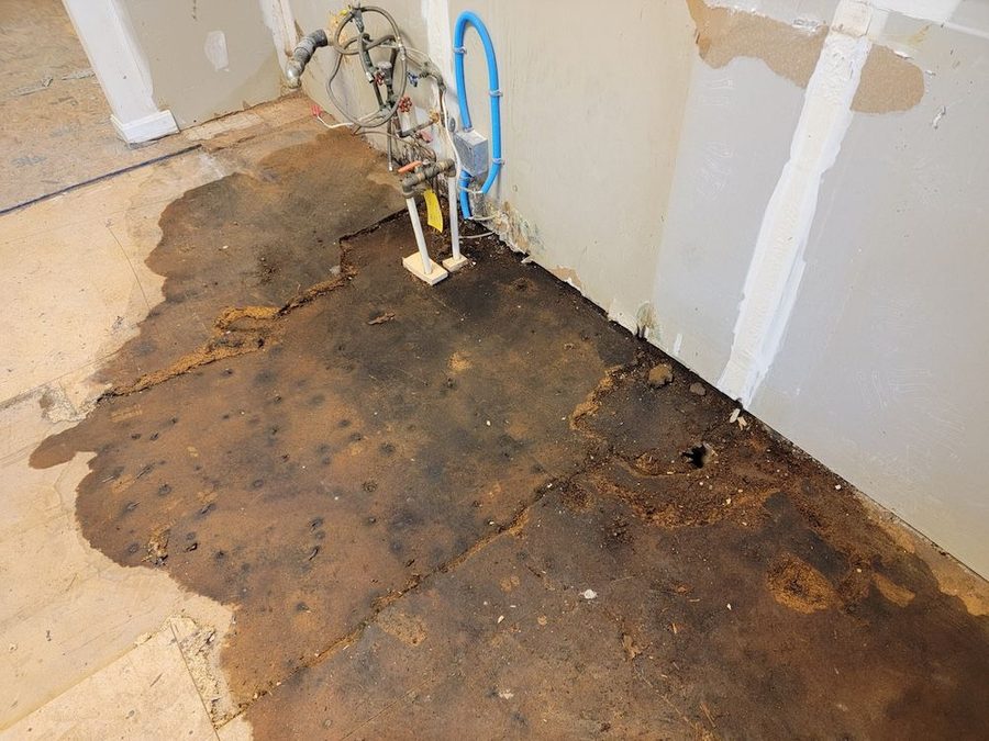 Water-damaged concrete floor with dark stains, exposed plumbing, and a blue hose in a utility wall area.